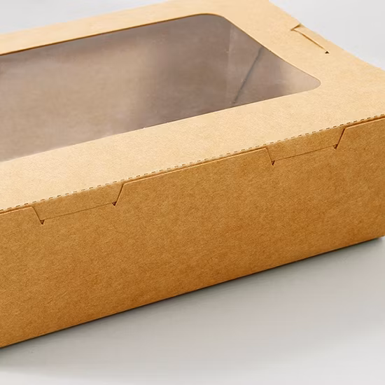 Boîte à salade en papier kraft d'emballage alimentaire jetable avec fenêtre transparente anti-buée pour animaux de compagnie pour sushi et salade